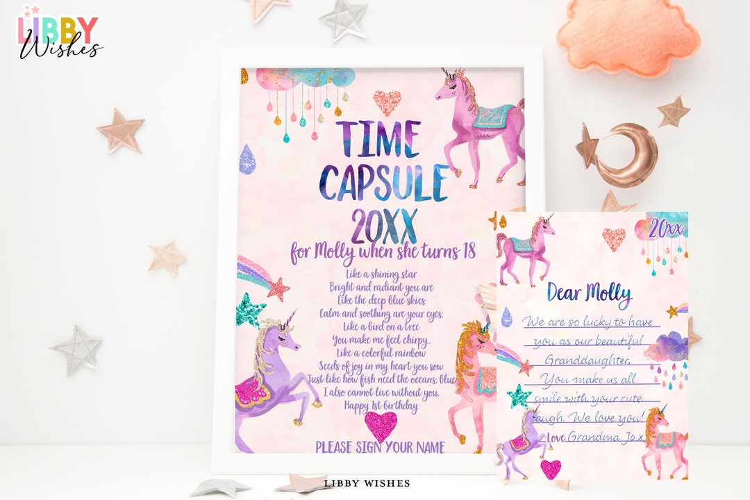 Editable Unicorn Time Capsule First Birthday Party Unicorn Birthday ...