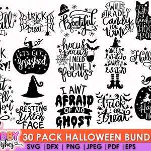 以下が含まれることがあります： 「Boo-all」、「Trick or Treat」、「Let's Get Smashed」、「Hocus Focus I Need Wine Focus」、「I Put a Spell on You」、「Resting Witch Face」、「I Ain't Afraid of No Ghost」、「Trick or Treat」、「Happy Halloween」、「Eat Drink and Be Scary」、「Will Trade Candy for Wine」、「It's Just a Bunch of Hocus Pocus」、「Once a Witch Always a Witch」、「Halloween」など、さまざまなデザインが盛り込まれた、白黒のハロウィン用SVG 30個パックです。