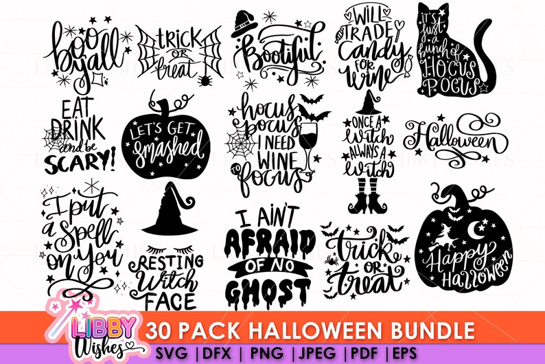 以下が含まれることがあります： 「Boo-all」、「Trick or Treat」、「Let's Get Smashed」、「Hocus Focus I Need Wine Focus」、「I Put a Spell on You」、「Resting Witch Face」、「I Ain't Afraid of No Ghost」、「Trick or Treat」、「Happy Halloween」、「Eat Drink and Be Scary」、「Will Trade Candy for Wine」、「It's Just a Bunch of Hocus Pocus」、「Once a Witch Always a Witch」、「Halloween」など、さまざまなデザインが盛り込まれた、白黒のハロウィン用SVG 30個パックです。