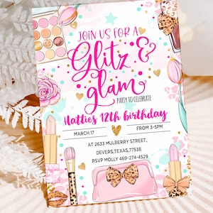 Editable Glitz and Glam Pamper Birthday Party Invitation Spa Party Makeup Birthday Invite Girls Pink Printable Instant Download  Corjl 107