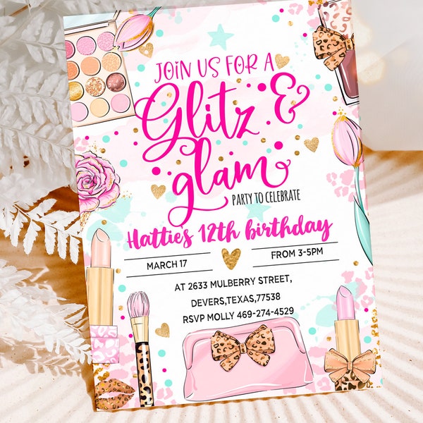 Editable Glitz and Glam Pamper Birthday Party Invitation Spa Party Makeup Birthday Invite Girls Pink Printable Instant Download  Corjl 107