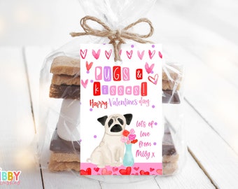 May include: A Valentine's Day gift tag with a cartoon pug holding flowers in a vase. The tag says "Pugs & Kisses! Happy Valentine's Day. Lots of love from Milly x" and is decorated with pink and red hearts.
