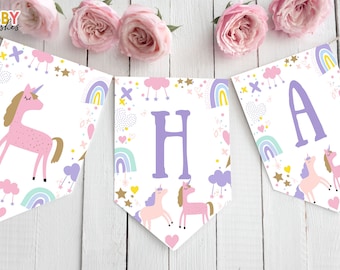 Happy Birthday Banner Unicorn Birthday Printable Unicorn Banner Magical Birthday Decorations Girl Download Instant DIGITAL 104