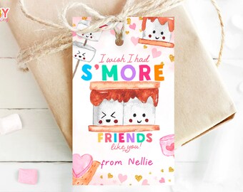 May include: A pink and white Valentine's Day gift tag with a watercolor illustration of a s'more. The text reads "I wish I had S'MORE FRIENDS like you! from Nellie".
