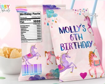 May include: Pink and purple unicorn party favor bags with a rainbow design and the text "Molly's 6th Birthday".