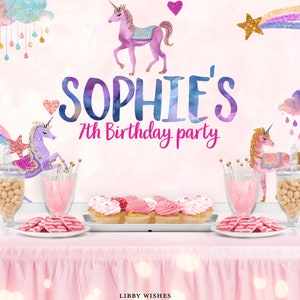 Banner modificabile con sfondo unicorno Unicorno Festa di compleanno Ragazza Decorazioni per feste magiche Cartello di benvenuto Scarica il modello stampabile Corjl 103