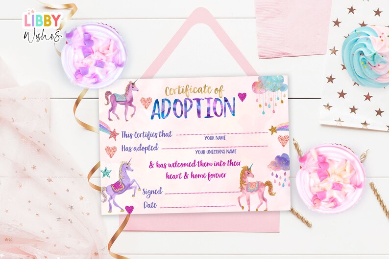 Adopt a Unicorn Certificate Unicorn Adoption Birthday Party Magical ...