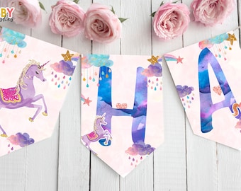 Happy Birthday Banner Unicorn Birthday Printable Unicorn Banner Magical Birthday Decorations Girl Download Instant DIGITAL 103