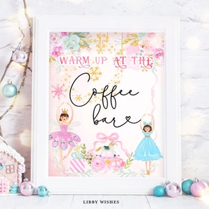 Puede incluir: Impresión enmarcada con el texto «Warm up at the Coffee Bar». La imagen presenta ilustraciones de bailarinas, regalos y elementos florales en colores pastel, con acentos decorativos.