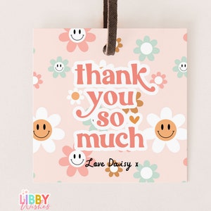 May include: Pink thank you card with a daisy pattern and the text "thank you so much Love Daisy x".