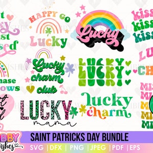 May include: A set of 10 Saint Patrick's Day themed digital designs featuring rainbows, shamrocks, hearts, and the words "Lucky", "Charm", "Mischeif", and "Let's Chase Rainbows".