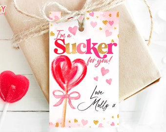 Printable Lollipop I'm a sucker for you  Valentine, Funny Valentine's Day Gift Tag, Lolly Treat Tag, Editable in Corjl 074