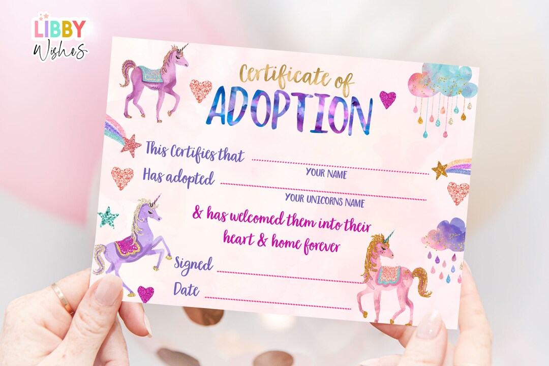 Adopt a Unicorn Certificate Unicorn Adoption Birthday Party Magical ...