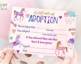 Adopt a Unicorn Certificate Unicorn Adoption  Birthday Party Magical Instant Download Digital Girl Unicorn Party Activity game Printable 103