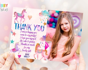 Editable Unicorn Thank You Card Add Photo Magical Party Birthday Girl Pastel Digital Unicorn Party Template Rainbow Download Corjl 103