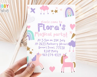 Editable Unicorn Birthday Invitation, Magical Party Invite, Unicorn Birthday Invitation, Unicorn Party Template Rainbow Download Corjl 104