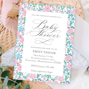 Modello di invito floreale Baby Shower, invito Grand Millennial Baby Shower, baby shower Preppy Liberty London, download modificabile Corjl 160