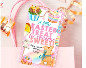 May include: A pink and white Easter gift tag with a bunny, chicks, and cupcakes. The tag says "A little Easter treat for someone sweet! from your friend Molly".