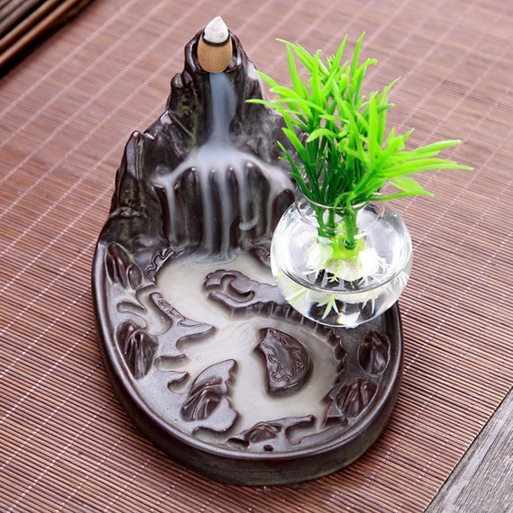 Ceramic Backflow Incense Cone Burner Mountain Waterfall 094 /& 10pcs Cone Gift