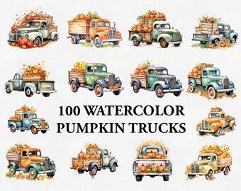May include: A set of 100 watercolor illustrations of vintage trucks filled with pumpkins. The trucks are in various colors, including green, blue, and orange. The pumpkins are orange and yellow. The illustrations are perfect for fall-themed crafts and projects.