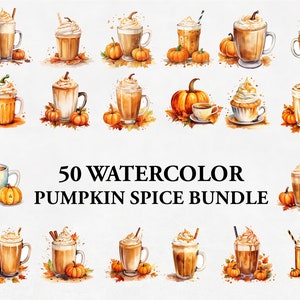 50 Pumpkin Spice Watercolor Clipart Bundle - 50 PNG Cozy Fall Images ...