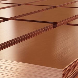May include: A stack of copper sheets, each sheet is smooth and shiny with a reddish-brown color.