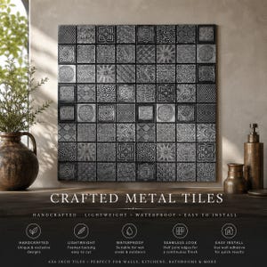 May include: A square wall display of 64 individual metal tiles, each featuring a unique embossed pattern in shades of black and silver. The tiles are arranged in an 8x8 grid, showcasing geometric, floral, and swirling designs on a dark surface.
