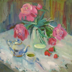 Ramo de peonías y fresas pintura al óleo a bordo, Bodegón floral de verano, Arte impresionista, Decoración moderna del hogar, Regalo para mamá