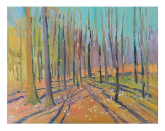 Forest oil painting on canvas, Plein air artwork, Spring forest landscape, Green home decor, Spring gift for Mom, Impressionism Art