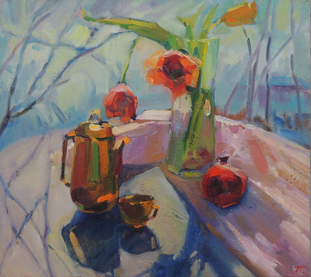 Original Early Spring Still Life, Red Tulips Oil Painting on Canvas ...
