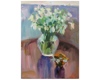 Early spring flowers original oil canvas painting, White snowdrops painting, Floral gift for Mom, Ukrainian Art, Spring home decor