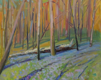 Spring forest painting, Plein air artwork, Impressionism Art, Oil painting on canvas, Green forest landscape, Spring living room decor
