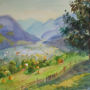 Sommer am Berg Malerei, Sommer im Hochland, Original Aquarell Malerei auf Papier, Ukrainische Landschaft, Aquarellkunst von A.Trachuk