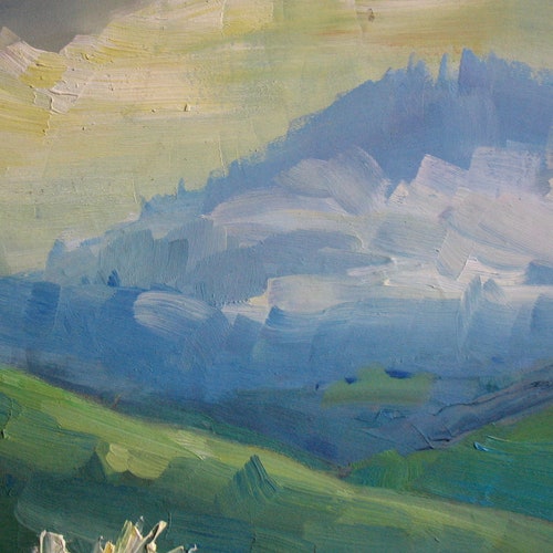 Green painting Spring Mountain landscape Windy day Misty Mountains shops Wall art Іmpressionism Original Oil art Plein air painting by A. Trachuk
