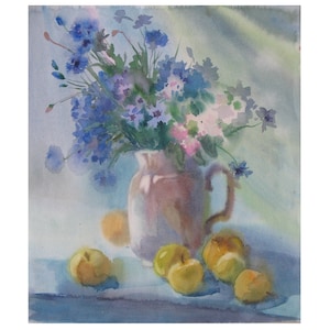 Natura morta estiva, bouquet di fiordalisi fiori e frutti, pittura ad acquerello originale su carta, acquerello bagnato, arte ucraina di A.Trachuk