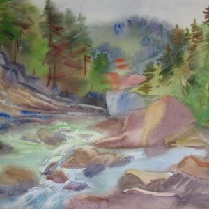 Pittura ad acquerello astratto su carta, paesaggio del fiume verde, regalo originale per lui, arte ucraina, arredamento moderno per la casa, arte dell'acquerello bagnato