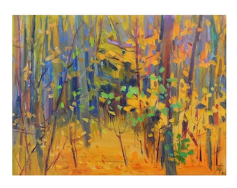 秋の風景油絵キャンバス風景画霧深い森川の絵画暗い自然の壁掛けアート