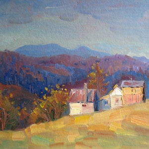 Paisagem de montanha quente à noite, Pequena pintura a óleo sobre papelão, Pintura colorida, Montanhas azuis, Arte ucraniana, Decoração de cozinha de primavera