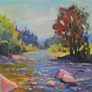 Blue river painting, Summer landscape, Plein air painting, Tisa River landscape, Іmpressionism Art, Gift for Him, Oil painting on canvas