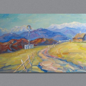 Carpathian Mountains Landscape, Original Spring Painting, Impressionism Art, Snowy mountains, Spring Home decor, Oil Artwork on panel