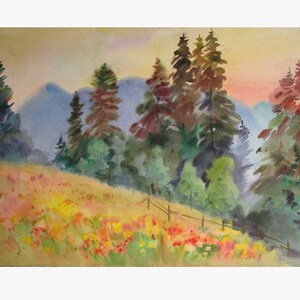 Aquarelle originale de paysage de soirée d'été sur papier, aquarelle humide, peinture de prairies de montagne, décoration d'intérieur moderne, cadeau pour maman
