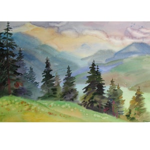 Original Aquarell Malerei, Sommer in den Highlands, Bergwiesen, nasses Aquarell, Malerei auf Papier, plein air Aquarell von A.Trachuk