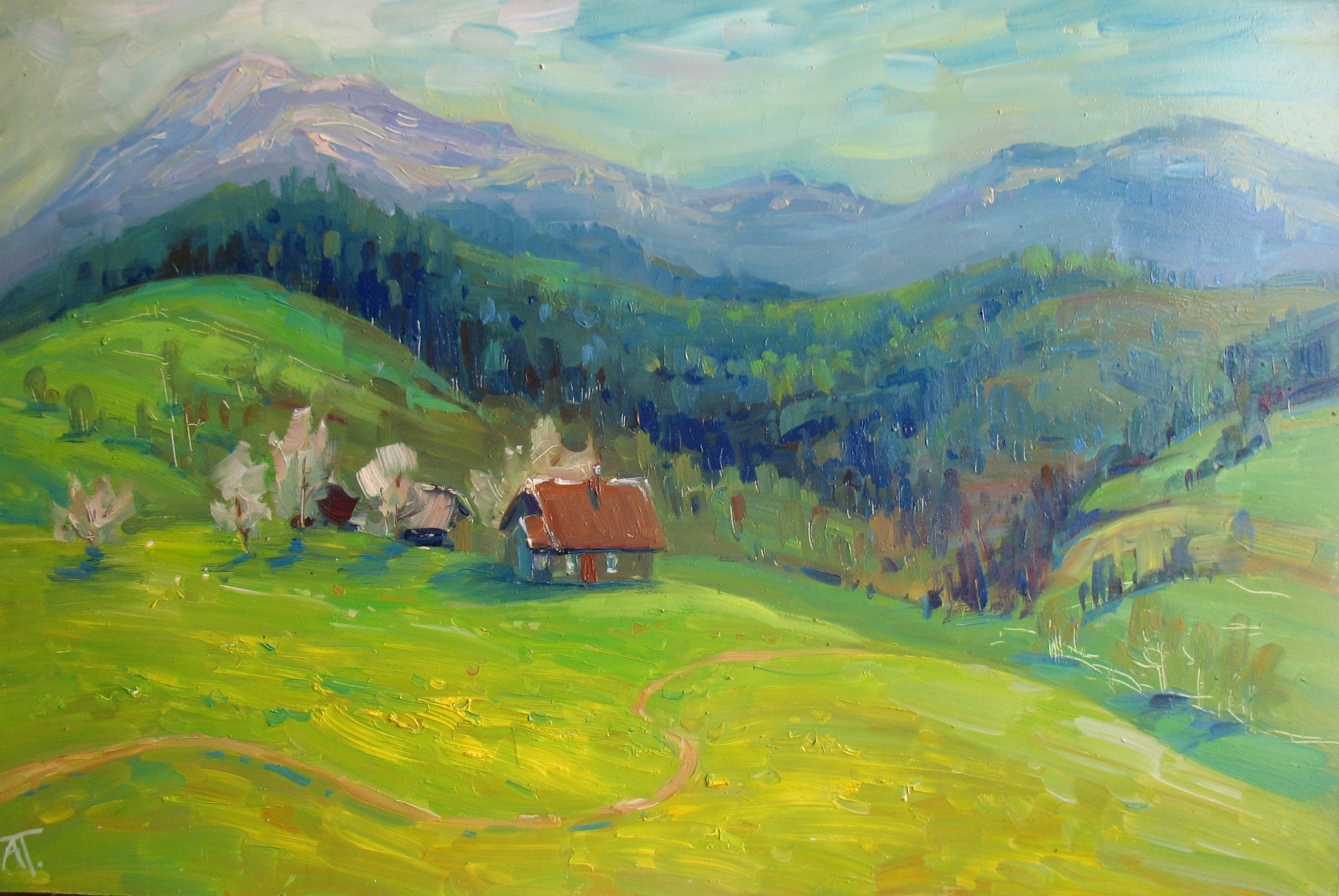 Green Painting Spring Mountain Landscape Green meadows Home Etsy