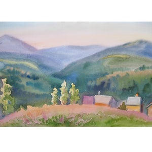 Summer evening in the Carpathian mountains Original watercolor painting on paper, Wet watercolor Art, Green summer home decor, Gift for Mom