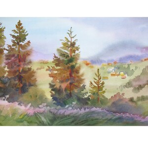 Summer evening mountain landscape Watercolor painting on paper, Original gift for Her, Wet watercolor decor, Plein air artwork by A.Trachuk