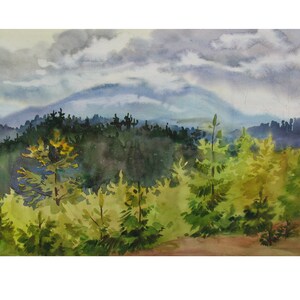 Green Painting, Summer in Carpathian Mountains, Original Watercolor Painting, Painting on paper Forest Landscape Watercolor art by A.Trachuk