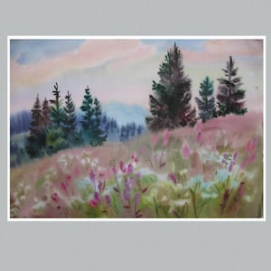 Original Watercolor Painting, Summer in Highlands, Mountain Meadows Art, Wet watercolor, Modern Bedroom Decor, Watercolor Painting on paper