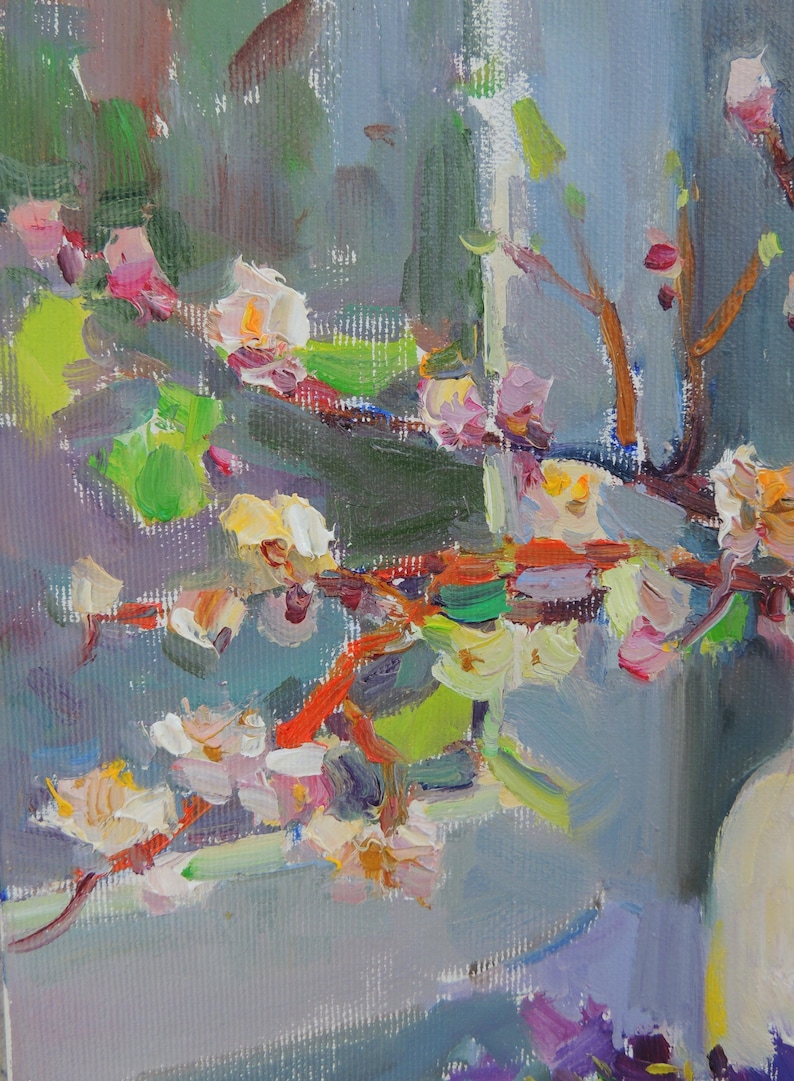 Delicate Floral Oil Painting On Canvas Spring Blooming Branches And delicate-floral-oil-painting-on-canvas-spring-blooming-branches-and