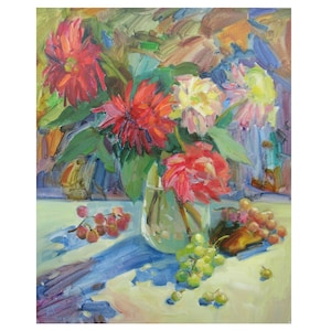 Bodegones de otoño, Dalias y uvas, Flores de otoño, Pintura colorida, Arte impresionista, Decoración de dormitorio, Pintura al óleo original a bordo