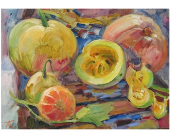 Pumpkin painting, oil painting of a white pumpkin w stem, impressionistic, STRADA easel challenge Marilyn Eger 6x6